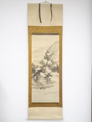 褒沢白陵筆　春景嵐山図　肉筆絹本掛軸（保護箱）